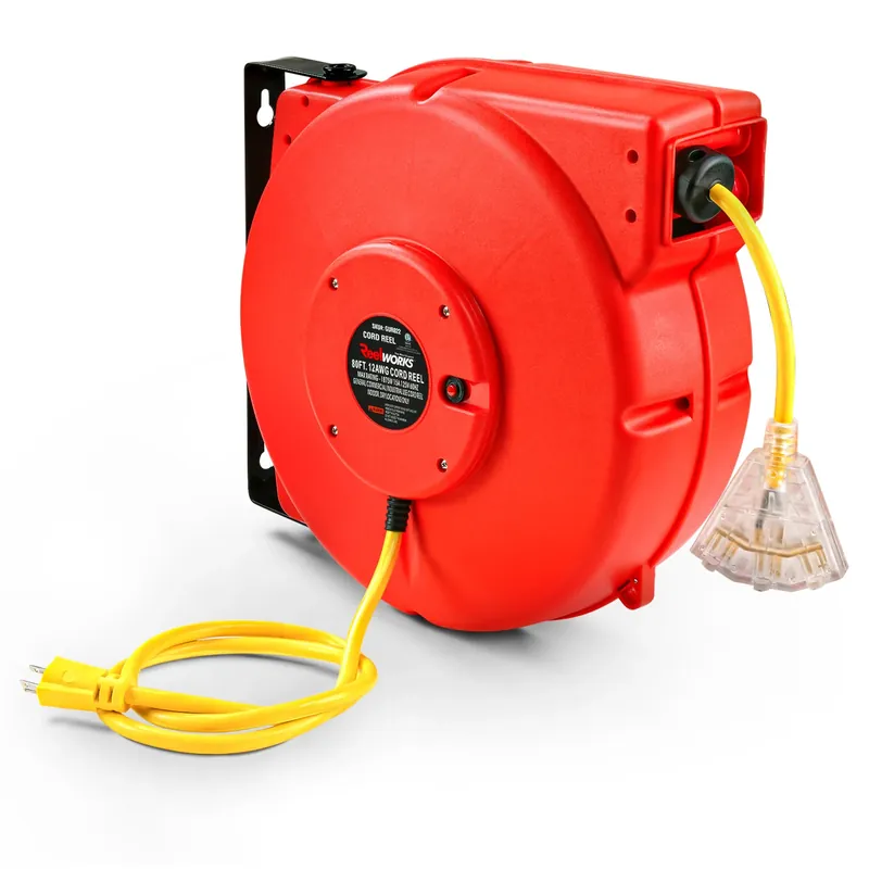 ReelWorks Extension Cord Reel - 12AWG x 80Ft, 3 Grounded Outlets, Max 15A - Mountable & Retractable Premium