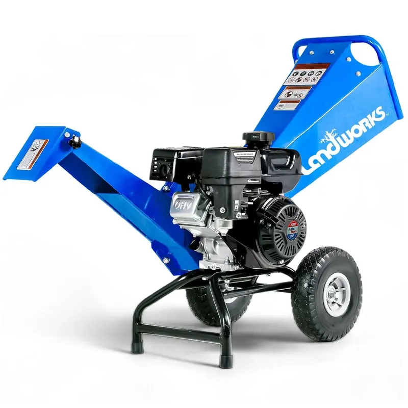 Landworks Compact Wood Chipper - 7HP Gas Engine, Adjustable Exit Chute, 3" Max Branch Diameter (Blue) Express Delivery