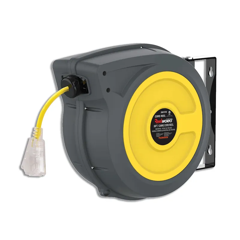 Fresh Stock ReelWorks Mountable Retractable Extension Cord Reel - 12AWG x 50' Ft, 3 Grounded Outlets, Max 15A