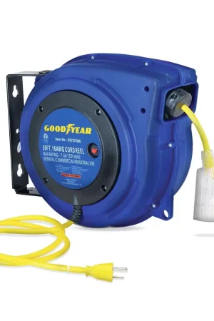 Goodyear Mountable Retractable Extension Cord Reel - 16AWG x 50' Ft, 3 Grounded Outlets, Max 15A Secure Checkout