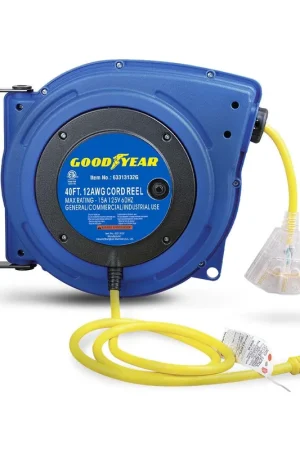 Save Now Goodyear Extension Cord Reel - 12AWG x 40' Ft, 3 Grounded Outlets, Max 15A