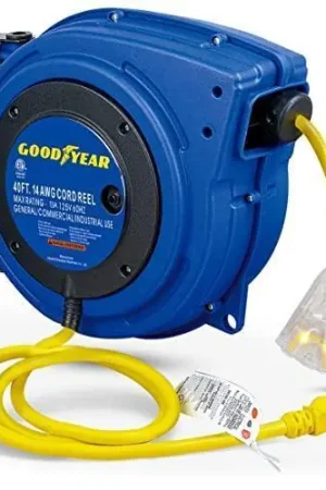 Time-Limited Goodyear Mountable Retractable Extension Cord Reel - 14AWG x 40' Ft, 3 Grounded Outlets, Max 13A