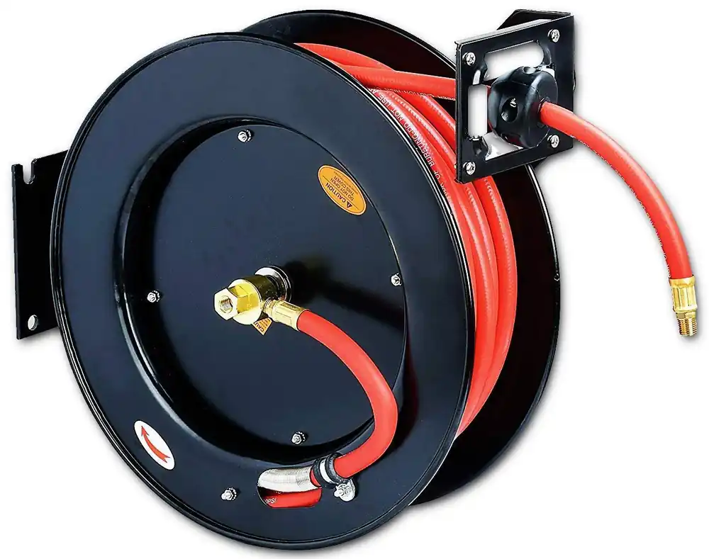 ReelWorks Industrial Retractable Air Hose Reel - 3/8" x 50'FT, 1/4" MNPT Connections, Single Arm Buy Direct