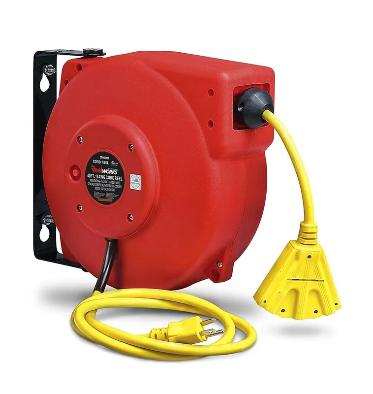 ReelWorks Mountable Retractable Extension Cord Reel - 14AWG x 40' Ft, 3 Grounded Outlets, Max 15A Luxury