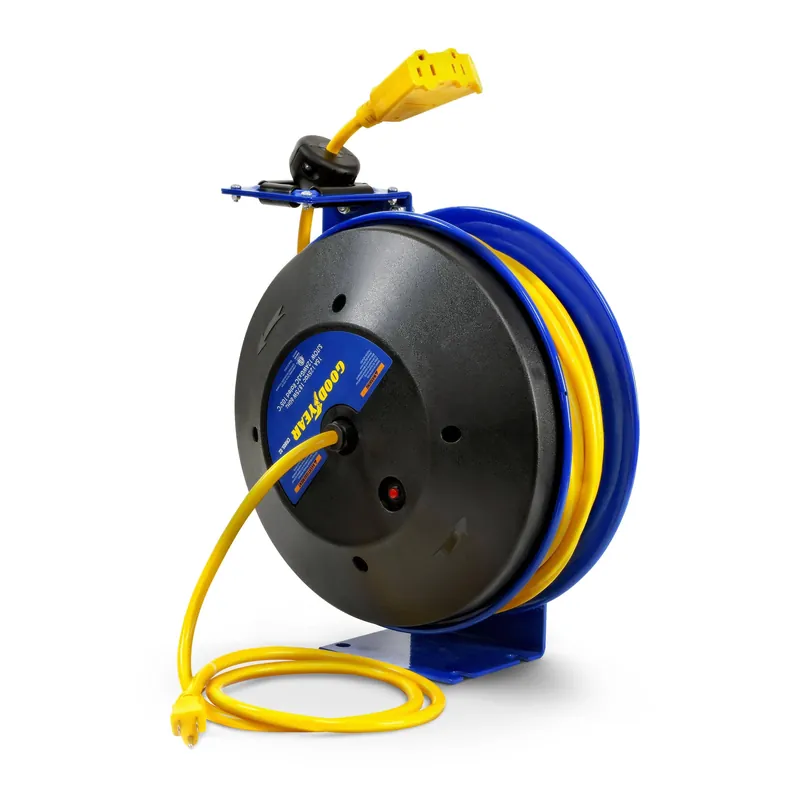 Limited Offer Goodyear Industrial Retractable Extension Cord Reel - 12AWG x 50' Ft, 3 Grounded Outlets, Max 13A
