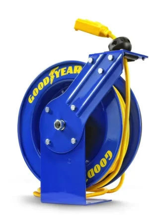 Goodyear Industrial Retractable Extension Cord Reel - 14AWG x 100' Ft, 3 Grounded Outlets, Max 13A High Quality