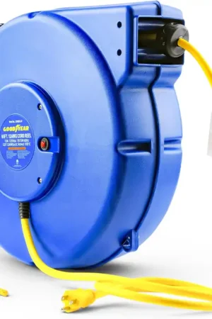 Budget Goodyear Heavy-Duty Retractable Extension Cord Reel - 12AWG, 65' Length, Triple Tap Connector, 1875W Power