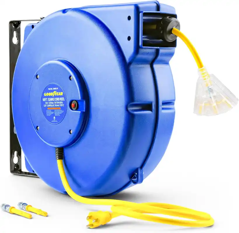 Budget Goodyear Heavy-Duty Retractable Extension Cord Reel - 12AWG, 65' Length, Triple Tap Connector, 1875W Power