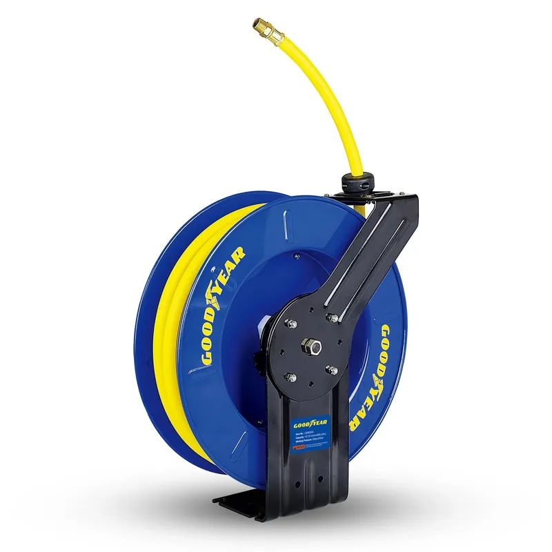 Pre-Owned Goodyear Air Hose Reel - 1/2" x 65' Ft, 300 PSI Max, 1/4" NPT Connections, Single Arm Buy Today