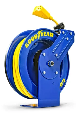 Goodyear Retractable Extension Cord Reel – Heavy-Duty Commercial Cable with Triple Tap Connector, Auto-Rewind & Wall/Ceiling Mountable (Industrial, 12AWG x 80 ft) One Day Deal