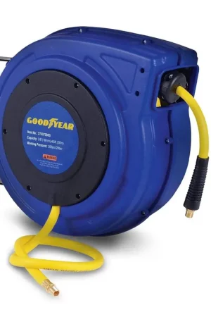 Pre-Owned Goodyear Mountable Retractable Air Hose Reel - 3/8" x 65' Ft, 3' Ft Lead-In Hose, 1/4" NPT Connections Affordable