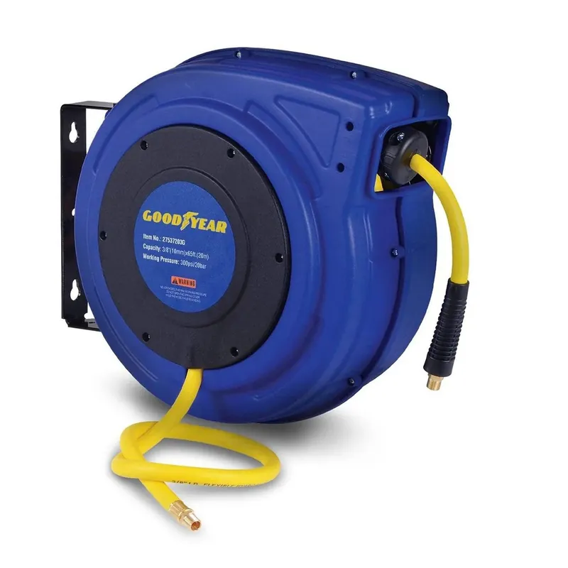 Pre-Owned Goodyear Mountable Retractable Air Hose Reel - 3/8" x 65' Ft, 3' Ft Lead-In Hose, 1/4" NPT Connections Affordable