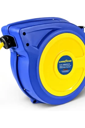 Best Price Goodyear Retractable Air Hose Reel with Safety-Speed Control, 3/8" × 50 FT, 300 PSI Hybrid Polymer Hose, Spring-Driven Automatic Rewind, Leak-Proof Swivel, Wall & Ceiling Mountable