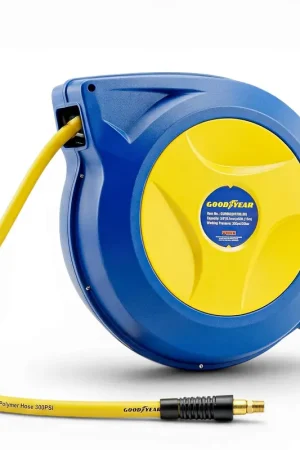 Goodyear Retractable Air Hose Reel, 3/8" × 50 FT, 300 PSI Hybrid Polymer Hose, Spring-Driven Automatic Rewind, Leak-Proof Swivel, Wall & Ceiling Mountable Luxury