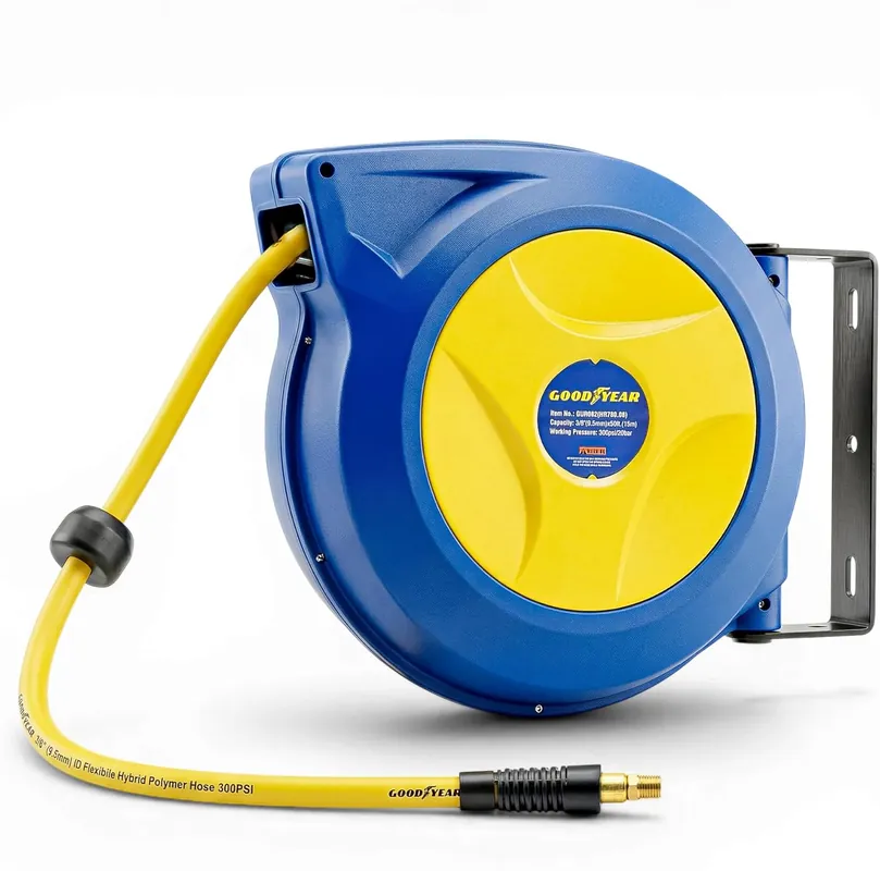 Goodyear Retractable Air Hose Reel, 3/8" × 50 FT, 300 PSI Hybrid Polymer Hose, Spring-Driven Automatic Rewind, Leak-Proof Swivel, Wall & Ceiling Mountable Luxury