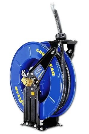 Low Price Pre-Owned Goodyear Oil Hose Reel Retractable 1/2" Inch x 50' Foot Long Premium Commercial SAE 100R1AT Hose Max 2320 Psi Steel Construction Elite Heavy Duty Industrial Spring Driven Dual Arm and Pedestal