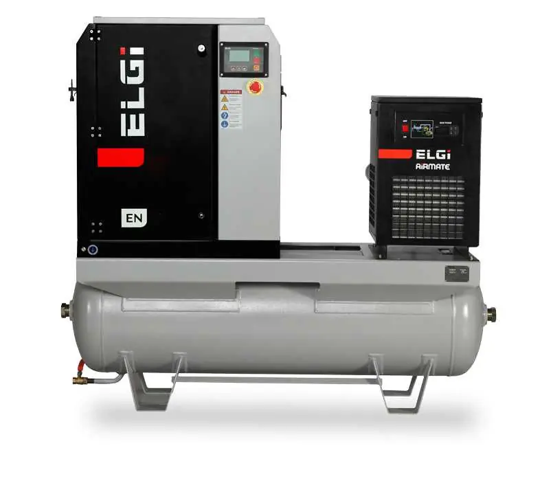 Elgi EN07-150-120T-G2 10 HP 208/230/460 Volt Three Phase Rotary Screw Air Compressor Compressor 120 Gallon Horizontal Tank Mount with Dryer- 150 psi Mega Sale