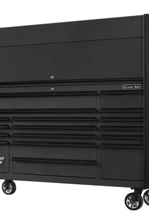Secure Checkout Extreme Tools DX7218HRMK Combo - DX Series 72", 17 Drawer, 21" Deep Roller Cabinet and Matching Hutch - Matte Black with Black Drawer Pulls