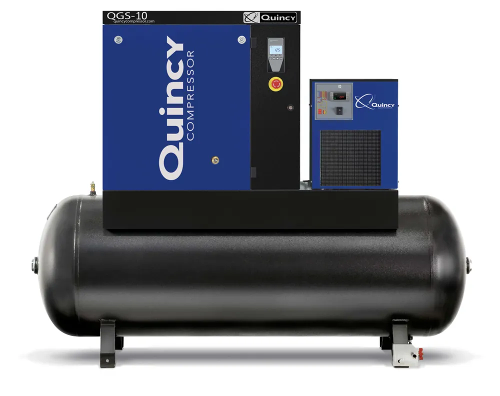 Quincy QGS 10 TMD-3 10 HP 230/460 Volt Three Phase, 132 Gallon Horizontal Rotary Screw Air Compressor with Dryer - 125 psi Secure Checkout