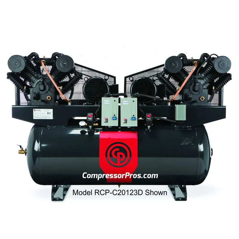 Top Pick Chicago Pneumatic RCP-C20123D 2 x 10 HP 230 Volt Three Phase Two Stage 120 Gallon Duplex Air Compressor